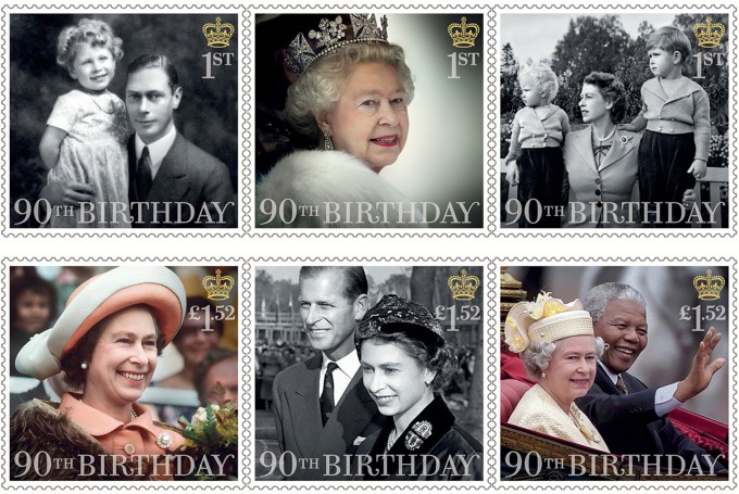 Postage Stamps released by the Royal Mail in honour of Queen Elizabeth II's 90th Birthday.