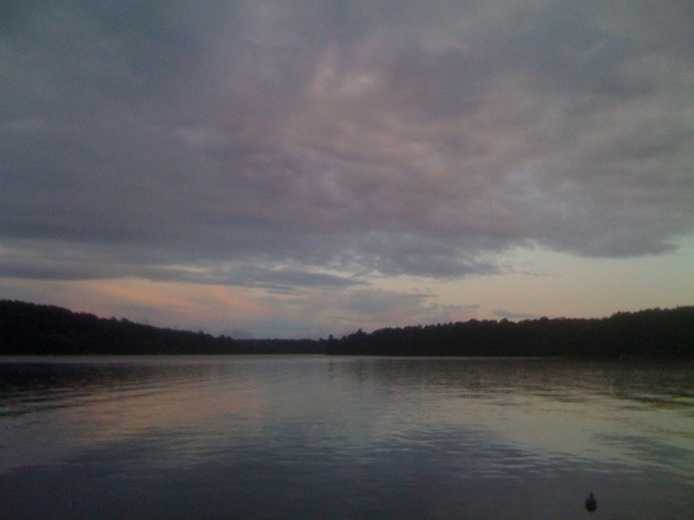 A view looking down a lake at dusk with trees on both sides of the lake and a sky with clouds and a touch of pink.