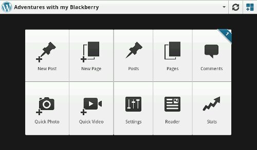 The wordpress app for the BlackBerry playbook with 10 icons showing: New Post, New Page, Posts, Pages, Comments, Quick Photo, Quick Video, Settings, Reader, and Stats.