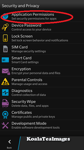 The security and privacy settings menu with application permissions circled in red at the top..
