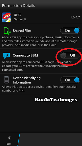 Permission details menu for the uno app. Shared files and device identifying information are toggeld on with a blue slider but Connect to BBM is toggled off and circled in red.