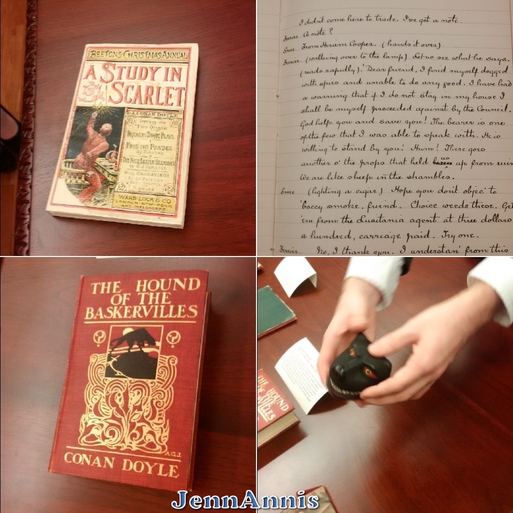 Image of The 4 items on display in the Arthur Conan Doyle Room: Clockwise from top Left: Beeton's Christmas Annual 1887, A handwritten manuscript in neat cursive writing, a tiny book in the shape of the head of a black dog, First edition of the Hound of the Baskervilles bound in a scarlet binding.