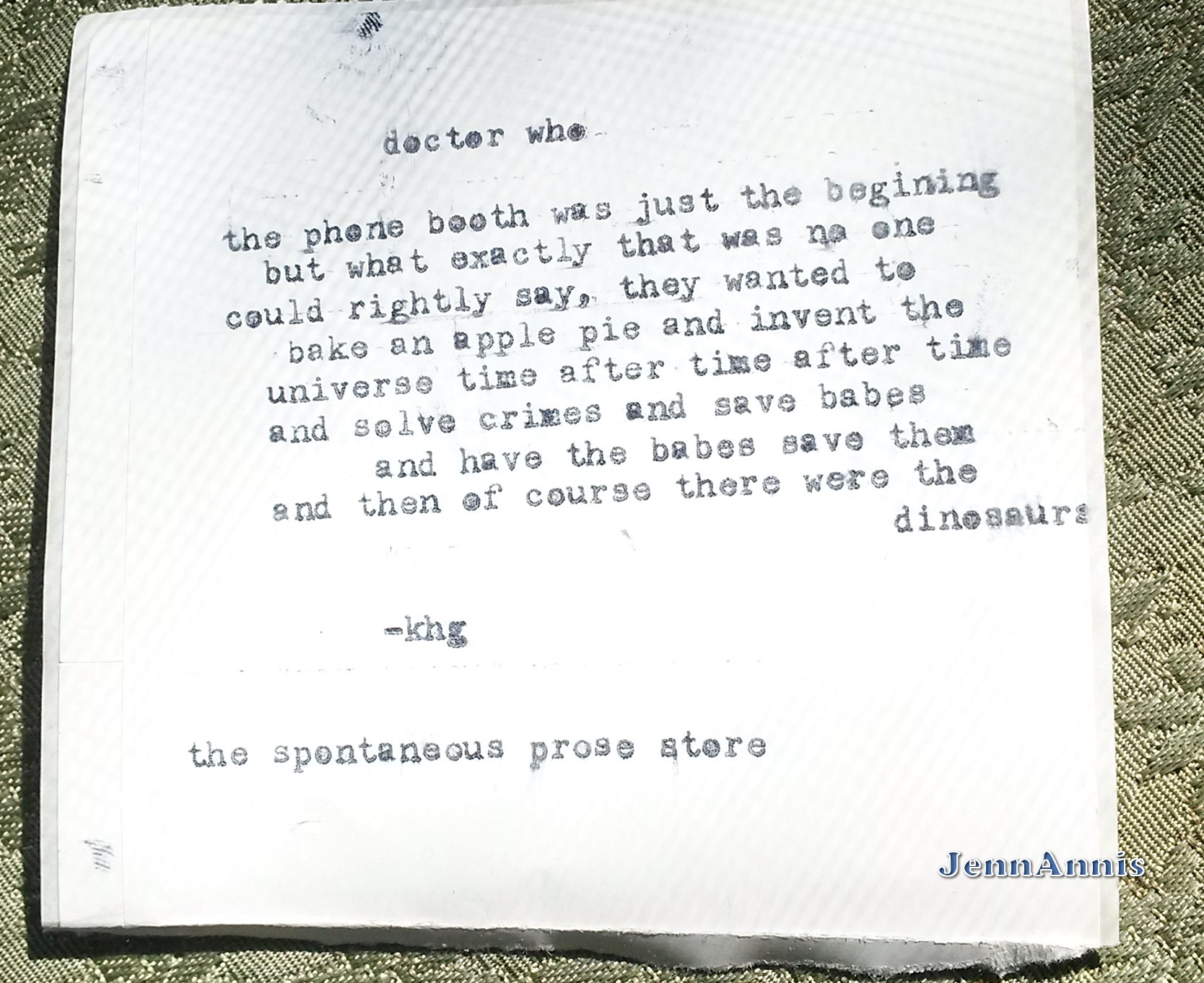 a typewritten 9 line poem on the topic of Doctor Who