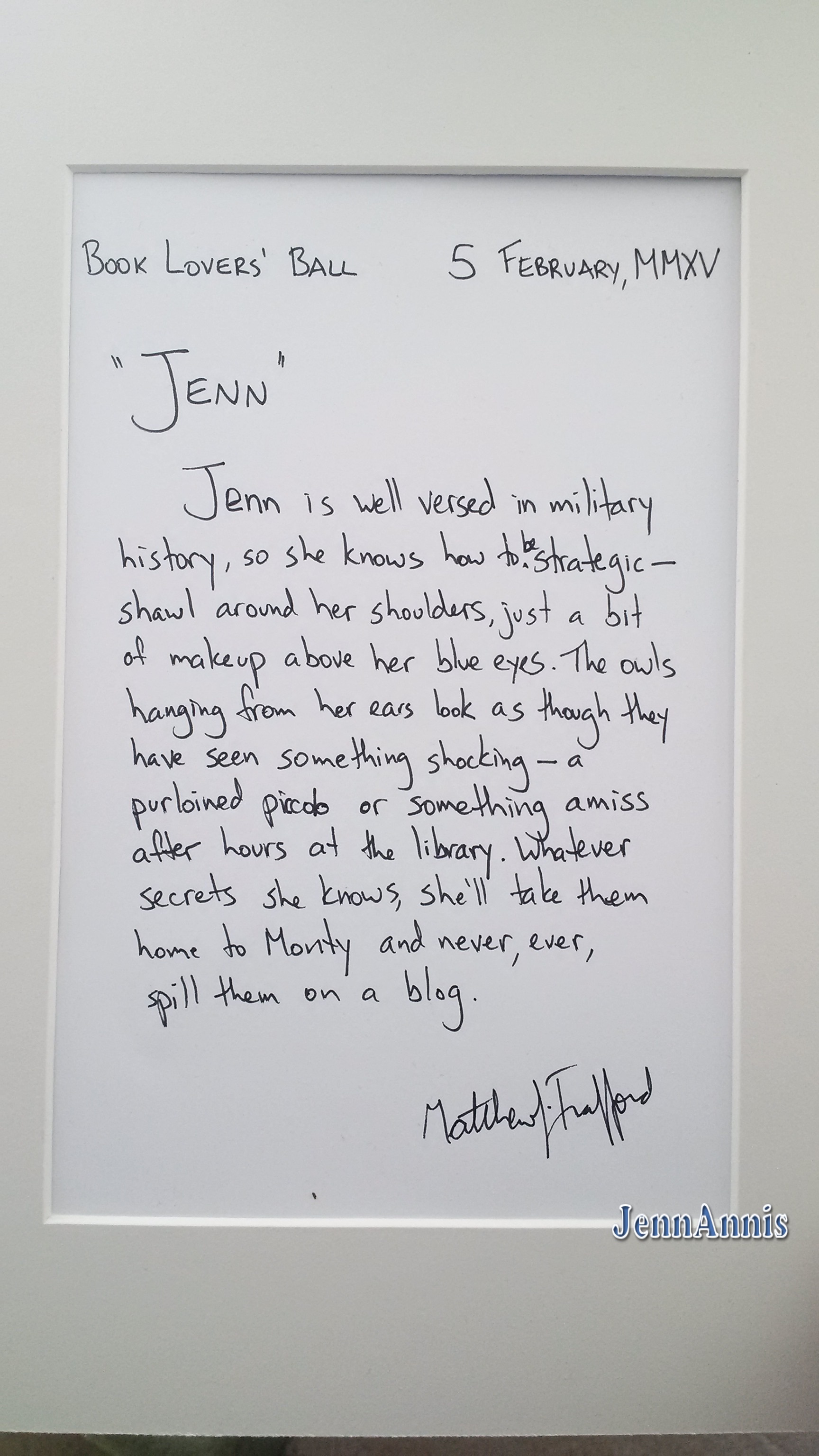 a hand written 11 line paragraph with the heading Jenn.