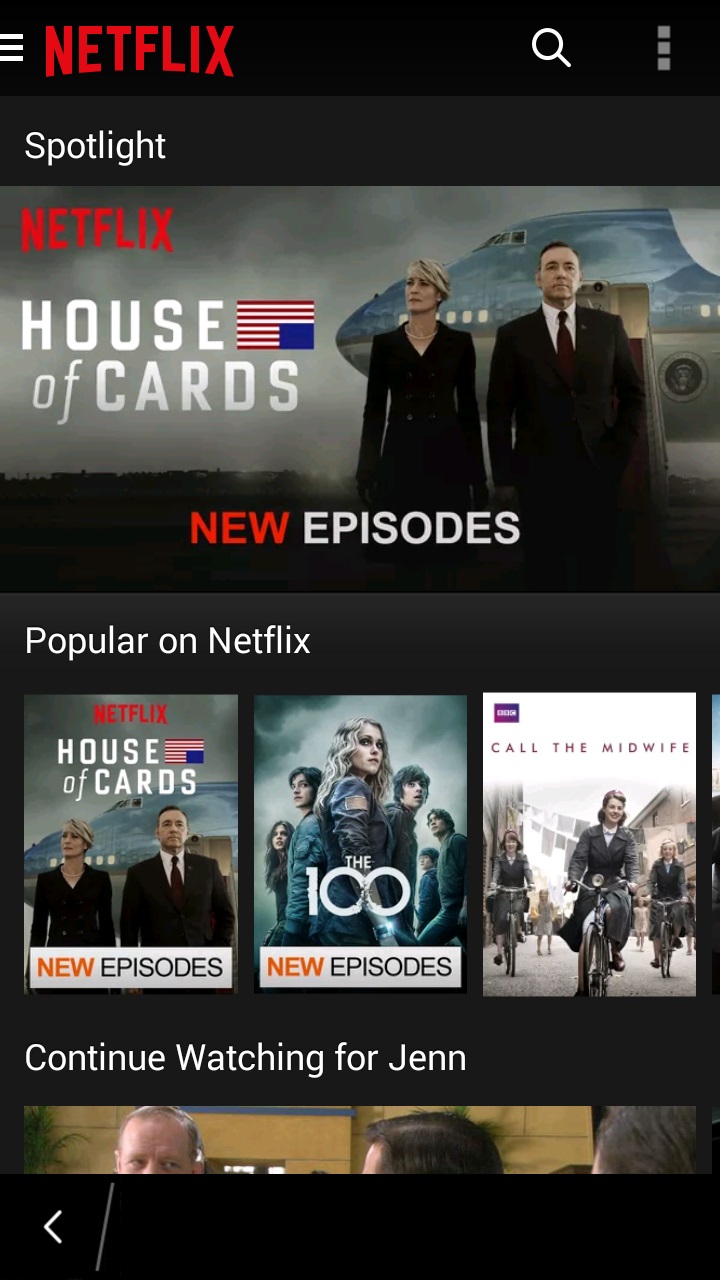 Screenshot of the netflix app with House of Cards as the banner image and the popular on netflix category immediately beneath it