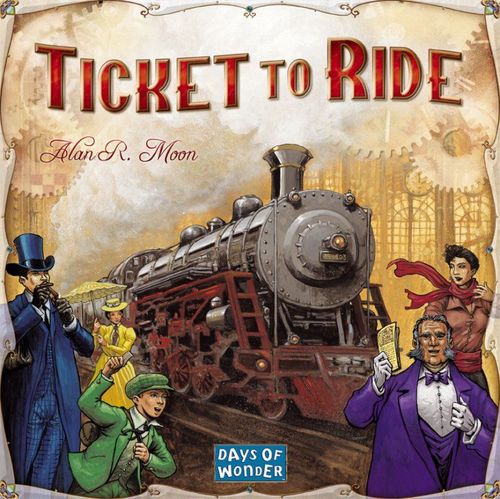 A square box with a steam locomotive engine and drawings of people from the early 1900s. Text reads Ticket to Ride