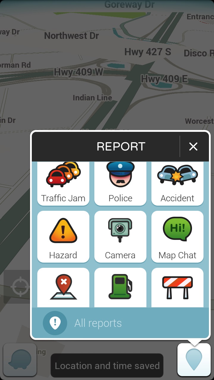 A map interface with the report function highlighted there are 9 options in a 3x3 grid: traffic jam, police, accident, hazard, camera, map chat, map issue, gas prices, closure