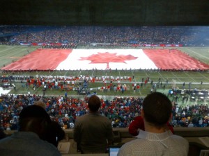 The giant Canadian flag that was unfurled on the field at the 100th Grey Cup game in Toronto.