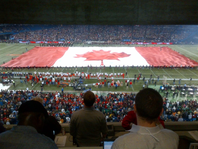 My view from the Press Box for the 2012 Grey Cup pregame ceremony.