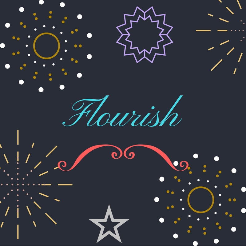 The word Flourish on a black background with fireworks around it