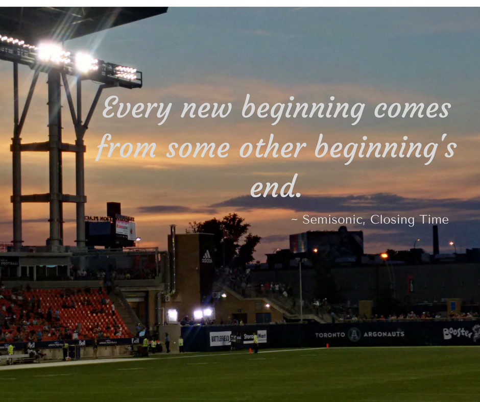 BMO field at sunset with a pink sky against the red seats. Text reads Closing Time Every new beginning comes from some other beginning's end. Semisonic, Closing Time