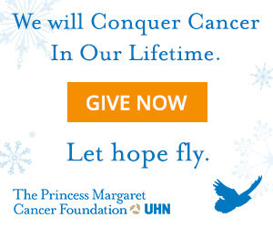 Image with a blue dove and snowflakes. Text reads: We will conquer cancer in our lifetime. give now. Let hope Fly. The Princess Margaret Cancer Foundation UHN